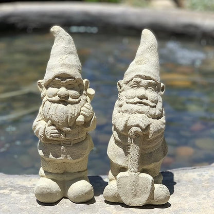 Garden Gnome with Shovel: Solid Durable Stone Statue with Vintage Texture. Sealed for Outdoors. Handcrafted USA. (Classic/White)
