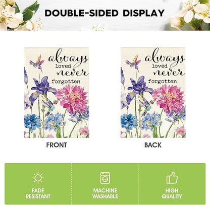 AVOIN colorlife Always Loved Never Forgotten Memorial Garden Flag 12x18 Inch Double Sided, Hummingbird Spring Summer Yard Outdoor Decoration