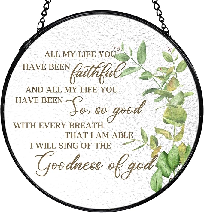 Christian Gifts for Woman, Christian Suncatchers Stained Glass Window Hanging, Goodness of God Bible Verse Sun Catchers Indoor Window Glass Round Wall Decor, Religious Wall Hanging, 7.9x7.9in