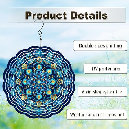 Wind Spinners Outdoor, Hanging Wind Spinner for Garden Decoration, 8 inch 3D Stainless Steel Metal Wind Sculpture for Indoor/Outdoor Decor, Mandala Blue