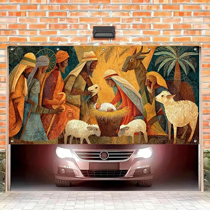 HOMETITUTE 13x6ft Nativity Scene Merry Christmas Garage Door Banner Polyester Large Outdoor Xmas Decoration with Baby Jesus Mary Shepherd Animals for Holiday Party Winter Yard Home Church Display