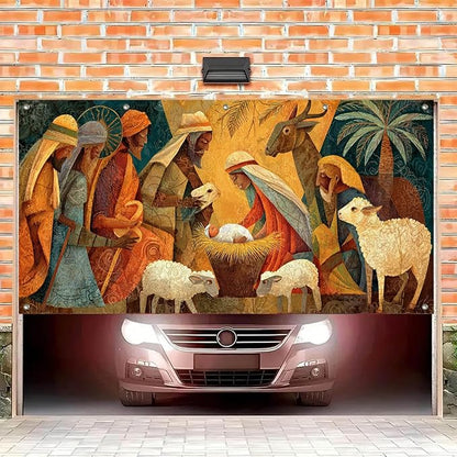 HOMETITUTE 13x6ft Nativity Scene Merry Christmas Garage Door Banner Polyester Large Outdoor Xmas Decoration with Baby Jesus Mary Shepherd Animals for Holiday Party Winter Yard Home Church Display