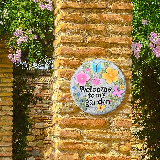 Stepping Stone for Garden Decor, Butterfly Flowers Welcome to My Garden Decorative Paving Stones for Patio Landscape Yard Walkway Path Sculpture Art, Outdoor or Indoor Home Decoration (Floral)