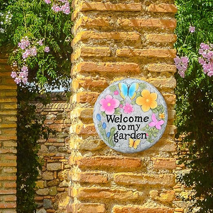 Stepping Stone for Garden Decor, Butterfly Flowers Welcome to My Garden Decorative Paving Stones for Patio Landscape Yard Walkway Path Sculpture Art, Outdoor or Indoor Home Decoration (Floral)