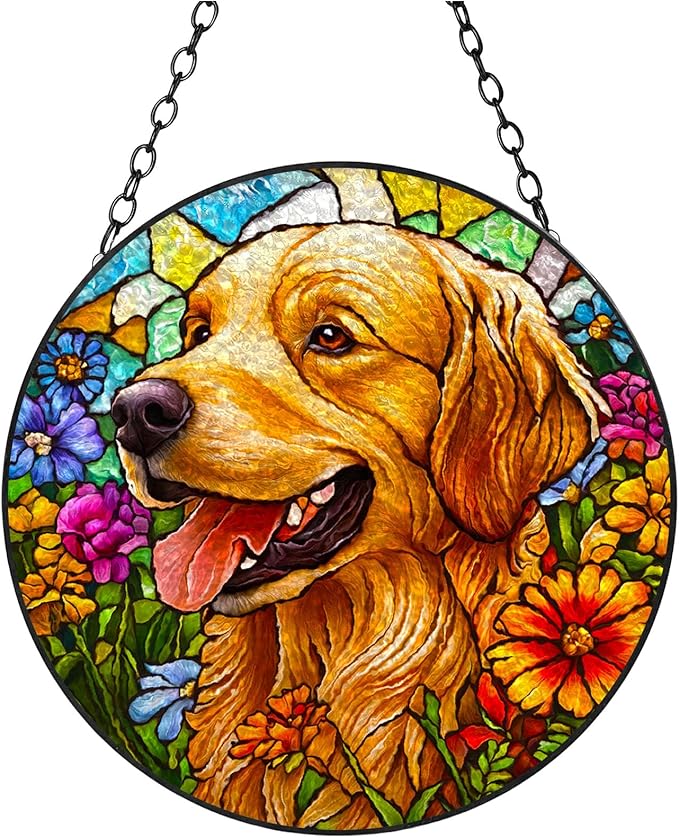 Stained Glass Suncatcher Golden Retriever Dog in Flowers Handmade Window Hangings Colored Glass Suncatcher Crafts Kits for Indoor Garden Christmas Decoration 16x16cm-1-2
