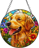 Stained Glass Suncatcher Golden Retriever Dog in Flowers Handmade Window Hangings Colored Glass Suncatcher Crafts Kits for Indoor Garden Christmas Decoration 16x16cm-1-2