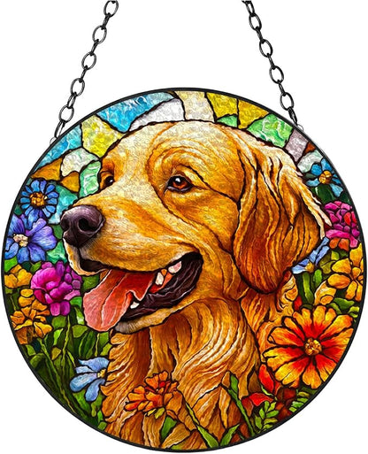 Stained Glass Suncatcher Golden Retriever Dog in Flowers Handmade Window Hangings Colored Glass Suncatcher Crafts Kits for Indoor Garden Christmas Decoration 16x16cm-1-2