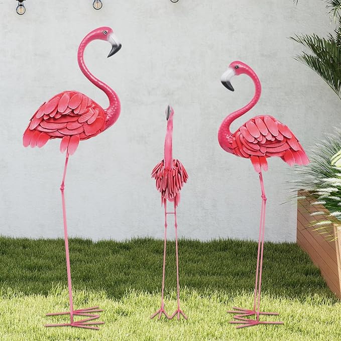 3Pcs Flamingo Outdoor Statues, Metal Flamingo Decorative Garden Sculpture with Stable Base Plate Standing Garden Statues for Home Patio Yard Display, 35", 42", 47" H, Pink