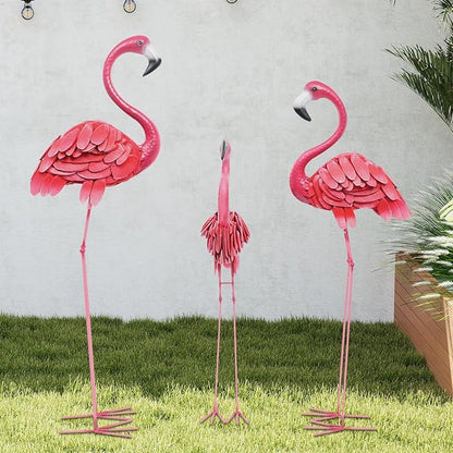 3Pcs Flamingo Outdoor Statues, Metal Flamingo Decorative Garden Sculpture with Stable Base Plate Standing Garden Statues for Home Patio Yard Display, 35", 42", 47" H, Pink