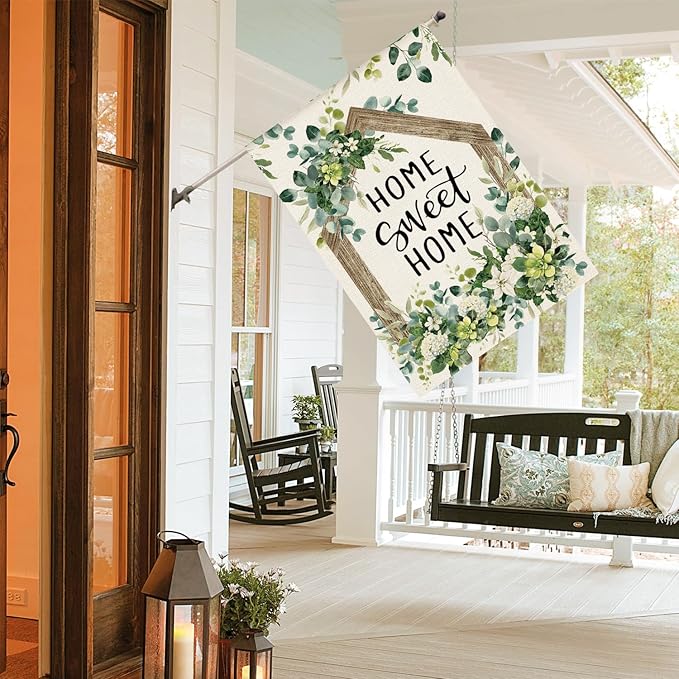 AVOIN colorlife Home Sweet Home Spring Floral House Flag 28x40 Inch Double Sided Outside, Eucalyptus Flowers Seasonal Welcome Yard Outdoor Flag