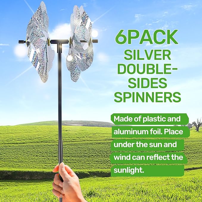 BATTIFE Reflective Pinwheels for Yard and Garden, Pre-Installed Sparkly Blind Birds Pin Wheel, Scare Birds & Animal Away Wind Spinner, 6 Pack (Silver Double-Sides)