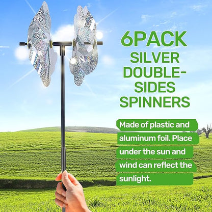 BATTIFE Reflective Pinwheels for Yard and Garden, Pre-Installed Sparkly Blind Birds Pin Wheel, Scare Birds & Animal Away Wind Spinner, 6 Pack (Silver Double-Sides)