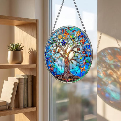 Stained Glass Window Hanging Tree of Life Suncatcher 8 Inch, Indoor Outdoor Wall Art Home Decor, Sun Catchers, Birthday Holiday Gift for Women Men