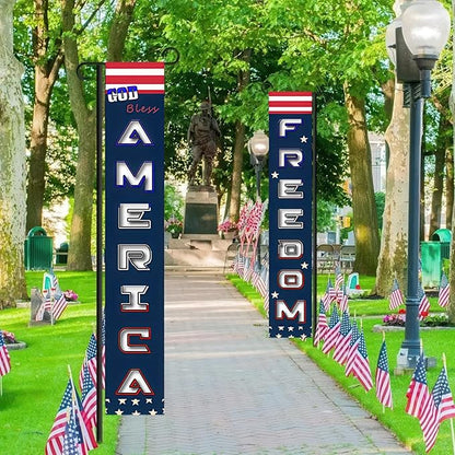 BlissYard 2Pcs Patriotic Themed Door Banners 4th of July Decorations Freedom America Banner Hanging Porch Signs Banners for Independence Veterans Day Memorial for Front Yard Indoor Outdoor Supplies