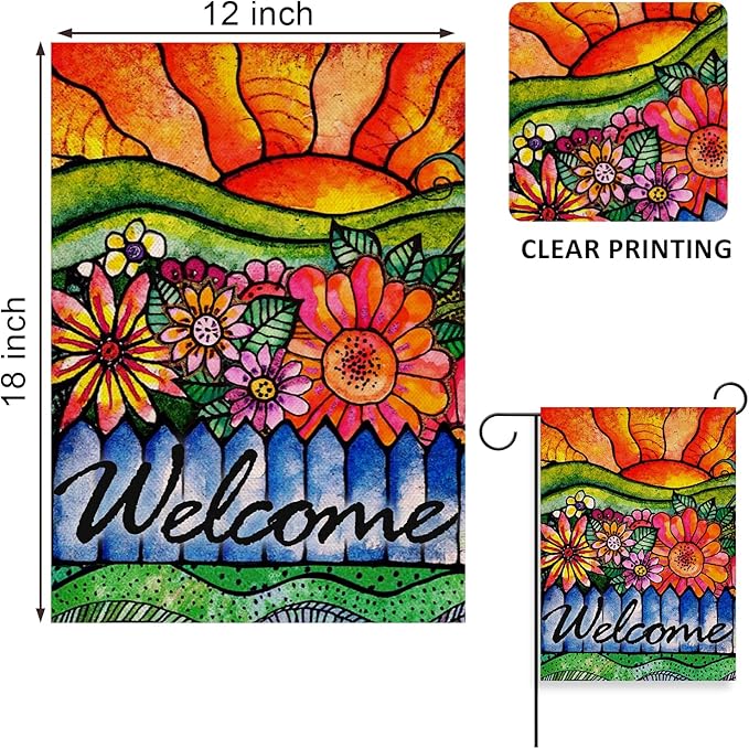 Home Decorative Welcome Spring Watercolor Flowers Garden Flag, Summer Sunshine House Yard Abstract Floral Outside Decorations, Sunrise Farmhouse Seasonal Outdoor Small Decor Double Sided 12x18