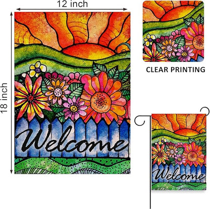 Home Decorative Welcome Spring Watercolor Flowers Garden Flag, Summer Sunshine House Yard Abstract Floral Outside Decorations, Sunrise Farmhouse Seasonal Outdoor Small Decor Double Sided 12x18