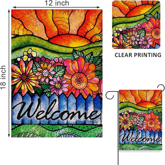 Home Decorative Welcome Spring Watercolor Flowers Garden Flag, Summer Sunshine House Yard Abstract Floral Outside Decorations, Sunrise Farmhouse Seasonal Outdoor Small Decor Double Sided 12x18