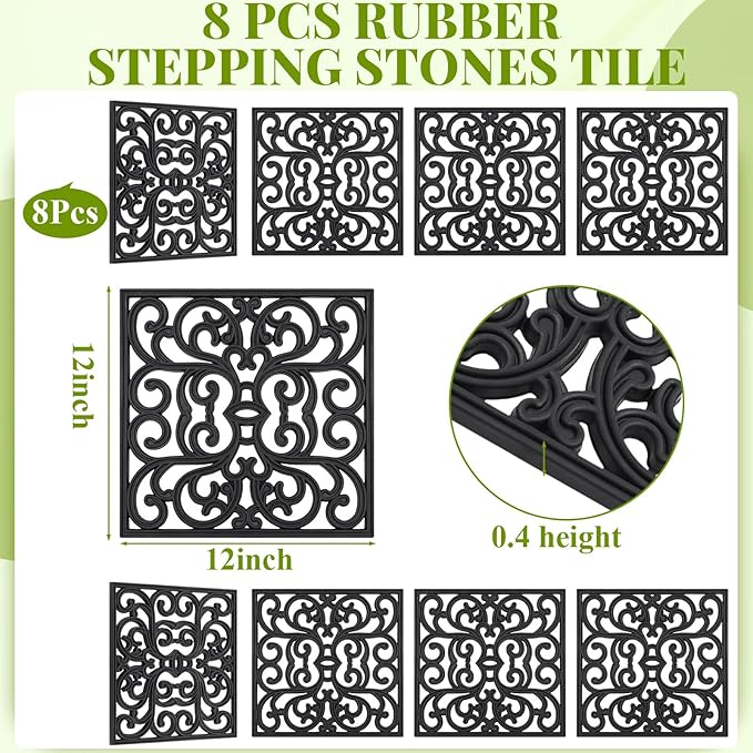 Pangda 8 Pcs Rubber Stepping Stones Outdoor Garden Walkway, 12 x 12 Inch Heavy Duty Pathway Pavers Retro Decorative Stepping Stones for Outside Landscaping Yard Lawn Path(Black,Scroll Square)
