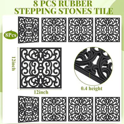Pangda 8 Pcs Rubber Stepping Stones Outdoor Garden Walkway, 12 x 12 Inch Heavy Duty Pathway Pavers Retro Decorative Stepping Stones for Outside Landscaping Yard Lawn Path(Black,Scroll Square)