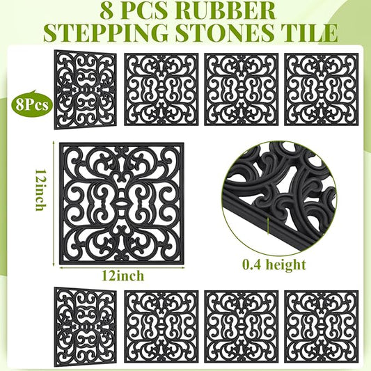 Pangda 8 Pcs Rubber Stepping Stones Outdoor Garden Walkway, 12 x 12 Inch Heavy Duty Pathway Pavers Retro Decorative Stepping Stones for Outside Landscaping Yard Lawn Path(Black,Scroll Square)