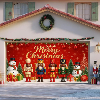 IVN Christmas Garage Door Banner 13x6ft Black Nutcracker Christmas Porch Banner Decorations Snowman Merry Christmas Garage Door Cover Decoration Home Door Front Yard Decor for Xmas Eve Holiday Outdoor