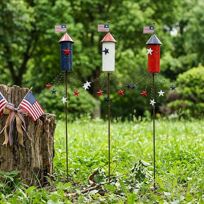 3 Pack Patriotic 4th of July Decorations Outdoor,23.6” Metal Americana Firework Decorative Garden Stakes for Independence Day Garden Decor, 3D Red White Blue Yard Signs for Lawn Porch