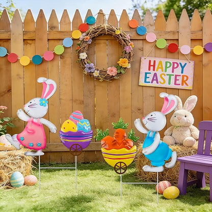 YIYA Metal Easter Bunny Yard Signs Rabbit Garden Stakes with Egg & Carrot Weatherproof Spring Decorative Outdoor Decor for Lawn Porch Patio