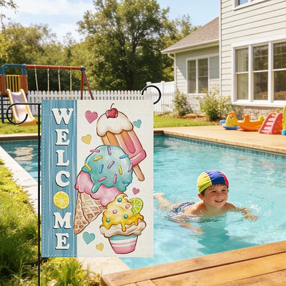 Dyrenson Welcome Summer Ice Cream Decorative Garden Flag, Sweet Popsicle Love Hearts Yard Outside Home Decoration, Farmhouse Burlap Outdoor Small Decor Double Sided 12 x 18