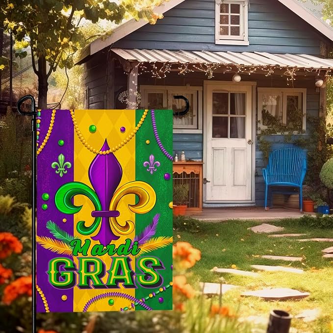 Mardi Gras Garden Flag 12x18 Inch Double Sided Fleur de Lis Yard Flags for Outside Decoration Carnival Beads New Orleans Small Flags for Garden Outdoor