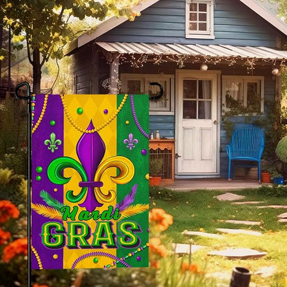 Mardi Gras Garden Flag 12x18 Inch Double Sided Fleur de Lis Yard Flags for Outside Decoration Carnival Beads New Orleans Small Flags for Garden Outdoor
