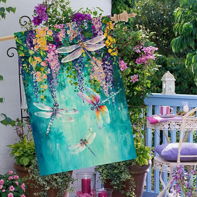 Baccessor Spring Summer Floral House Flag Double Sided 28x40 Inch Burlap,Wisteria Dragonfly Flowers Welcome Large Garden Flag Porch Patio Front Yard Seasonal Farmhouse Outside Outdoor Decor
