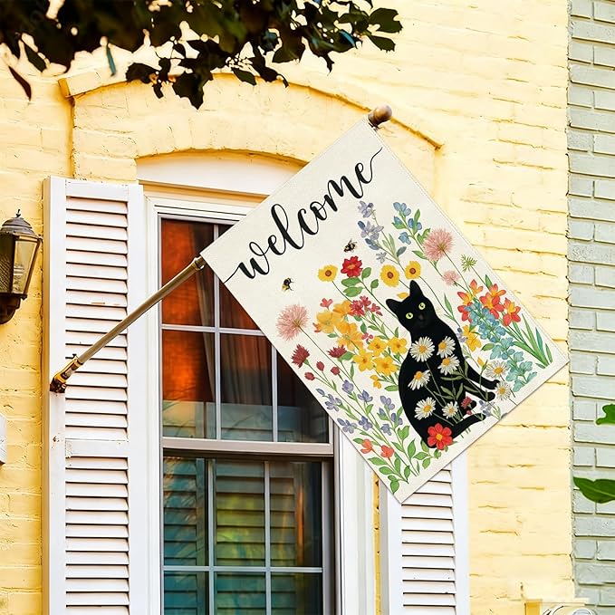 Baccessor Spring Summer Black Cat House Flag Double Sided 28x40 Inch Burlap,Floral Flowers Welcome Large Garden Flag Porch Patio Front Yard Seasonal Farmhouse Outside Outdoor Decor