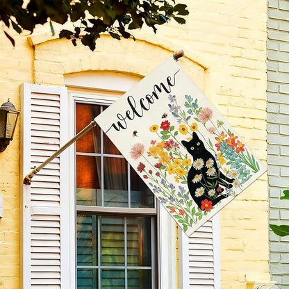 Baccessor Spring Summer Black Cat House Flag Double Sided 28x40 Inch Burlap,Floral Flowers Welcome Large Garden Flag Porch Patio Front Yard Seasonal Farmhouse Outside Outdoor Decor