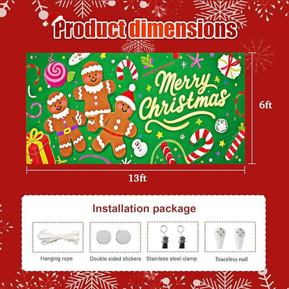 HOMETITUTE Merry Christmas Garage Door Banner 13x6ft Festive Gingerbread Man Candy Gift Boxes Holiday Door Cover Outdoor Yard Decoration Seasonal Display