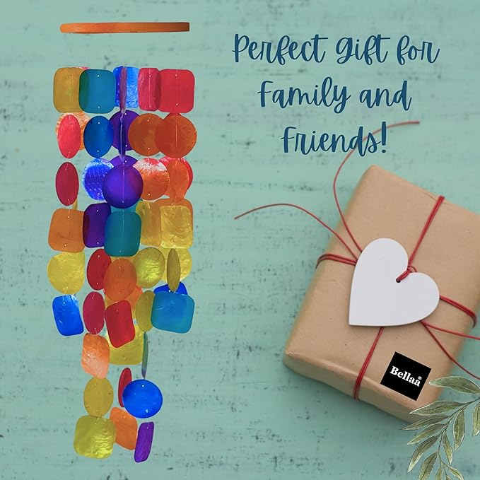 Bellaa Handmade Wind Chimes Outdoor, Musical, Garden Decorations, Beach, Ocean, Breeze, Gifts for Mom, Outside Windchimes, 63pcs, Capiz, Shells, Sea, Glass, Wood 1 Rainbow