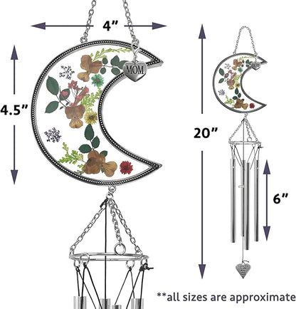Mom Wind Chimes with Pressed Flowers - Colorful Floral Hanging Chime for Mom - Mother’s Day, Birthday for Mother - Decorative 20 Inch Outdoor or Indoor Mom Gift