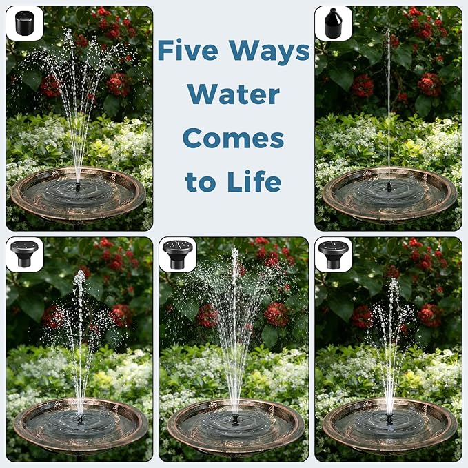 Solar Fountain for Bird Bath with Colorful LED Lights, Floating Solar Fountain, 3W Solar Powered Water Fountain Pump with Strong Spray & 5 Nozzles for Garden, Pond, Pool, 26 LED Lights