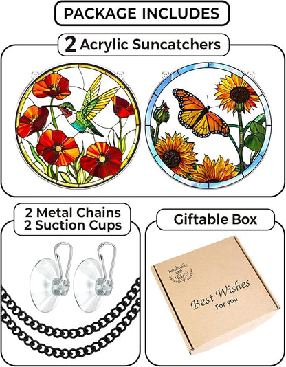 2 Hummingbird Butterfly Acrylic Suncatchers, 6" Suncatchers for Window Hanging Indoor, Art Decor for Home, Garden, Housewarming, Gift for Mom, Grandma, Women, Friend, Bird Lover SCB-A6-B2