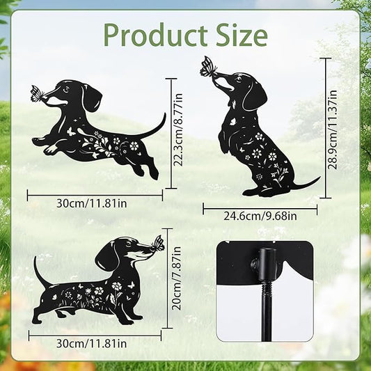 Romart Dachshund Decorative Garden Stakes, 3 Pcs Wiener Dog Gifts Metal Garden Stakes for Women Men, Dachshund Butterfly Flower Outdoor Yard Art Lawn Decor