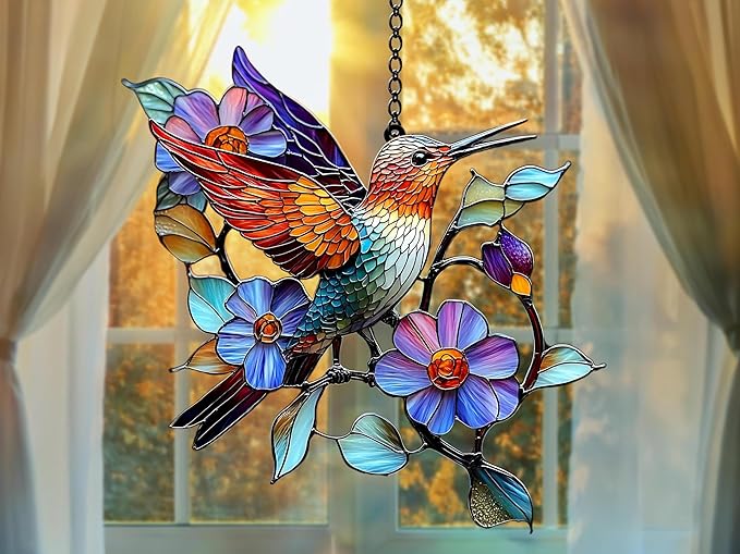 Hummingbird and Peony Acrylic Window Hanging Stained Style Ornament Beautiful Wall Art Suncatcher Gift for Women Home Decor Suncatchers Indoor Window