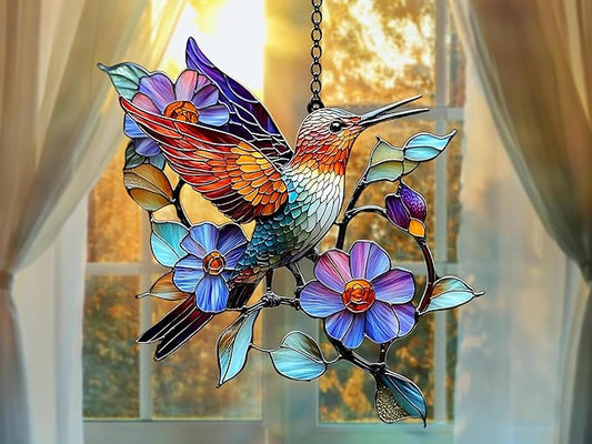 Hummingbird and Peony Acrylic Window Hanging Stained Style Ornament Beautiful Wall Art Suncatcher Gift for Women Home Decor Suncatchers Indoor Window
