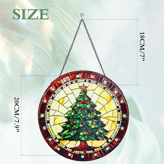 Green Christmas Tree Stained Glass Window Hanging Suncatcher with Chain - 7.9" Outdoor/Indoor Art Decor for Home Garden, Wedding, Mother's, Valentine's, Thanksgiving Ornaments Present