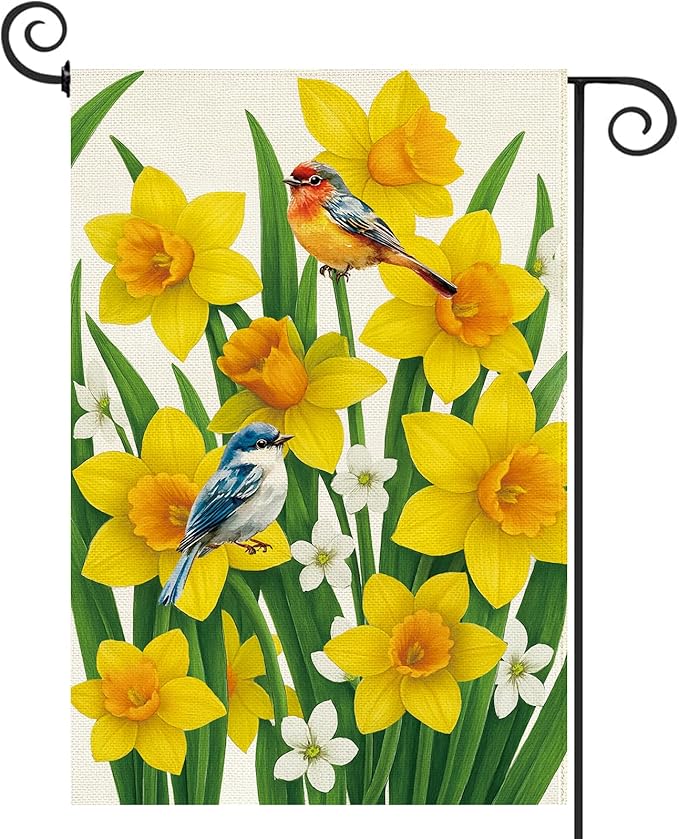 Baccessor Spring Summer Daffodils Garden Flag 12.5 x 18 Inch Double Sided Burlap Bluebirds Yellow Flower Green Leaf Farmhouse Small Yard Flag Summer Holiday Seasonal Outdoor Outside Decoration