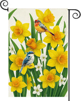 Baccessor Spring Summer Daffodils Garden Flag 12.5 x 18 Inch Double Sided Burlap Bluebirds Yellow Flower Green Leaf Farmhouse Small Yard Flag Summer Holiday Seasonal Outdoor Outside Decoration