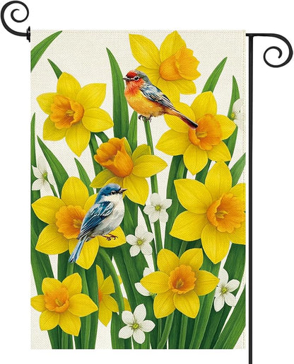Baccessor Spring Summer Daffodils Garden Flag 12.5 x 18 Inch Double Sided Burlap Bluebirds Yellow Flower Green Leaf Farmhouse Small Yard Flag Summer Holiday Seasonal Outdoor Outside Decoration