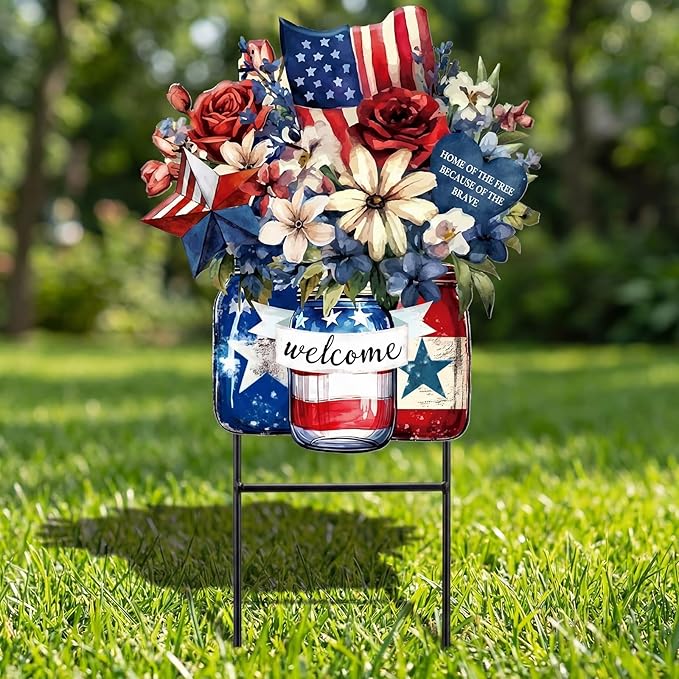 Amyhill 4th of July Metal Outdoor Decor Garden Stakes Patriotic Mason Jars Welcome Yard Signs Decorations Red White Blue Garden Stakes for Independence Memorial Day Patio Lawn Walkway Outside