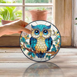 Owl Stained Glass Window Hanging, Owl Bird Suncatcher, Bird Sun Catchers Indoor Window Round Glass Wall Art Hanging Decorations, 7.9x7.9in