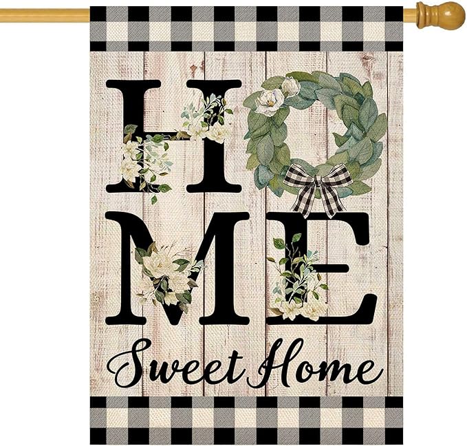 ORTIGIA Summer House Flag Burlap Vertical Double Sided 28 x 40 Inch Home Sweet Home Magnolia Large House Flag Spring Farmhouse Rustic Buffalo Check Plaid Home Front Yard Patio Outside Outdoor Decor