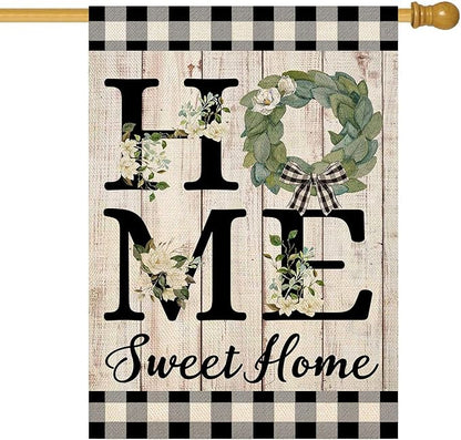 ORTIGIA Summer House Flag Burlap Vertical Double Sided 28 x 40 Inch Home Sweet Home Magnolia Large House Flag Spring Farmhouse Rustic Buffalo Check Plaid Home Front Yard Patio Outside Outdoor Decor