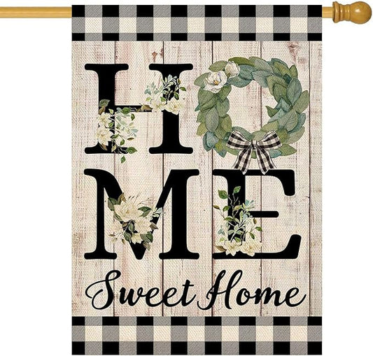 ORTIGIA Summer House Flag Burlap Vertical Double Sided 28 x 40 Inch Home Sweet Home Magnolia Large House Flag Spring Farmhouse Rustic Buffalo Check Plaid Home Front Yard Patio Outside Outdoor Decor